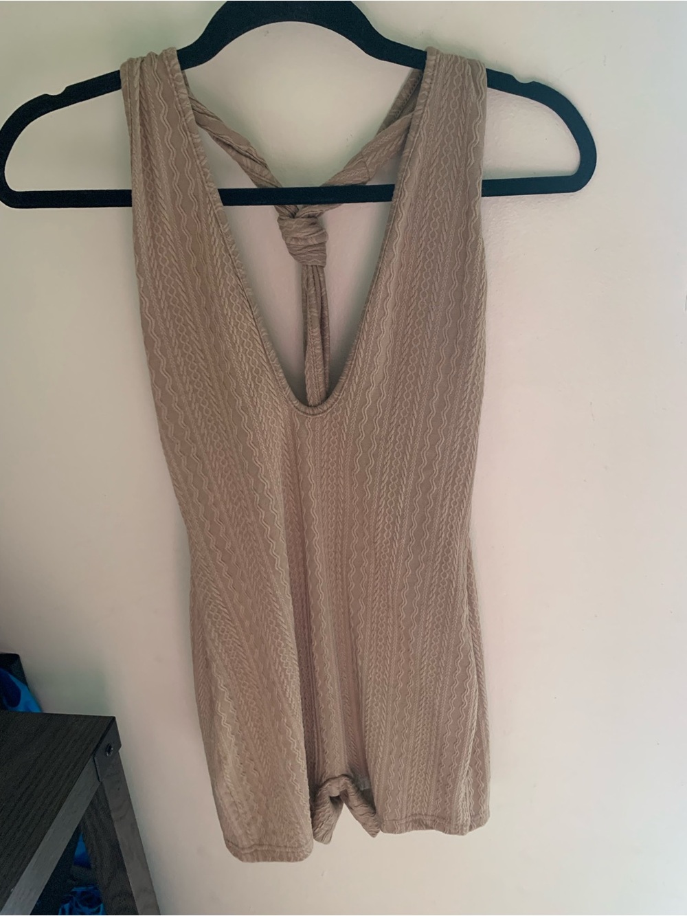 SHEIN Beige Knit Tank Romper with Braided Back Detail